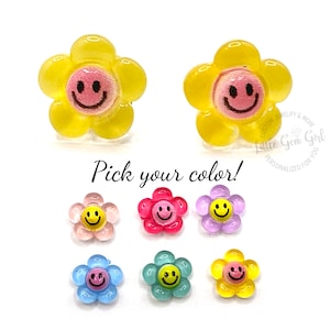 Happy Face Flower 9mm Stud Earrings in Stainless Steel or Titanium, Hypoallergenic - Groovy 1960s Vintage Hippie Jewelry for Women