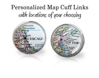 Sterling Silver or Stainless Steel Custom Map Cuff Links - World Map Cufflinks - Personalized You Choose Your Locations