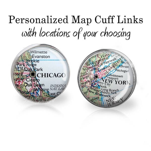 Set of Custom Map Cufflinks - World Map Cuff Links - Personalized You Choose Your Locations - Groomsmen Groom Wedding Gift Cuff Links