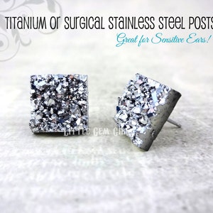 Square Silver Druzy Earrings - Faux Druzy Geometric Stud Earrings Titanium or Stainless Steel Posts Metallic Silver Glitter Earrings