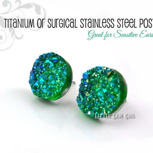 12mm AB Emerald Green Blue Resin Druzy Studs - Faux Drusy Earrings - Green Glitter Studs - Titanium or Surgical Stainless Steel