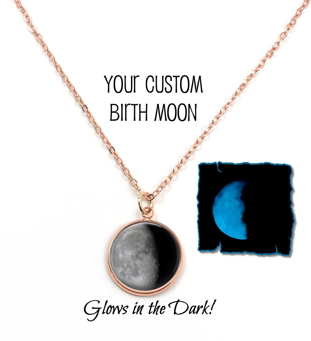 Glow in the Dark Rose Gold Custom Birth Moon Necklace - Glowing Moon ...