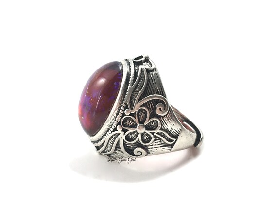 13x18mm Czech Glass Mexican Fire Opal Ring Antique Silver Flower