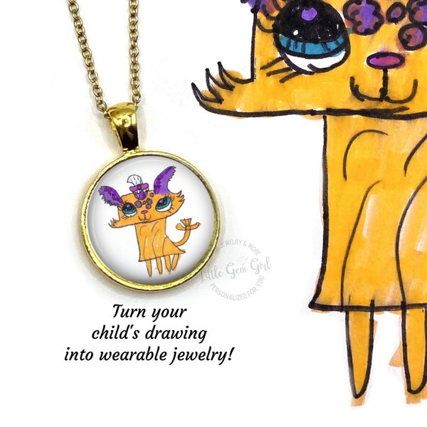 Custom Child Drawing Necklace - Children's Artwork Jewelry - Personalized School Drawing or Handwriting Charm Photo Picture Keepsake Mom Dad