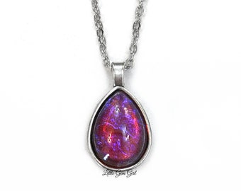 Czech Glass Mexican Opal Dragons Breath Necklace - Red Blue Fire Opal Necklace Pendant - Teardrop Dragon Fire Amulet