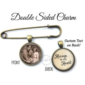 Photo Lapel Pin with Custom Text - Wedding Picture Boutonniere - Personalized Bridal Bouquet Charm - Groom Memorial Pin Custom Bouquet Charm