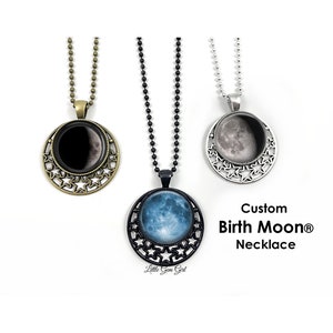 Your Birthday Moon Necklace - Custom Birth Moon Jewelry in Stars Pendant - Personalized Lunar Charm - Anniversary Date Gift