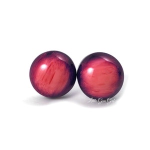 12mm Faux Wood Grain Black and Red Stud Earrings  in Titanium or Stainless Steel Posts Sensitive Ears Nickel Free