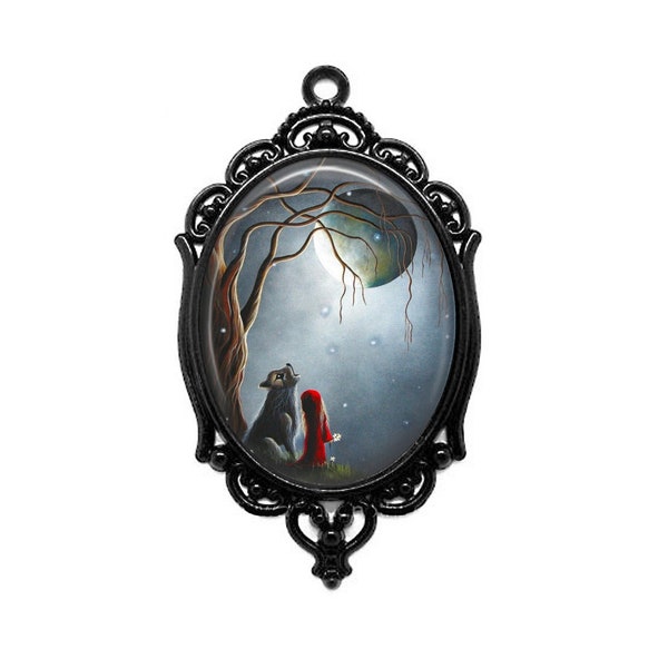 Large Little Red Riding Hood Cameo Necklace or Christmas Ornament - Night with the Lone Wolf - Victorian Gothic Full Moon Fairy Tale Jewelry