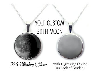 Sterling Silver Custom Birth Moon Necklace - 925 Sterling Moon Phase Pendant with optional Engraving - Birthday Moon Jewelry