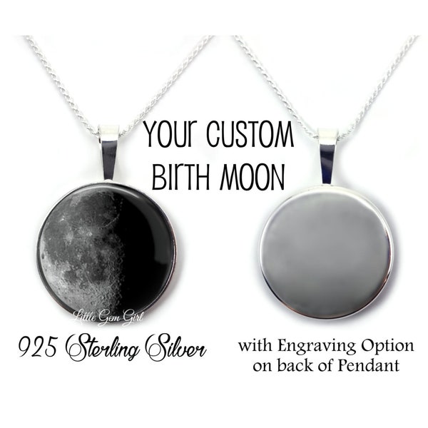 Sterling Silver Custom Birth Moon Necklace - 925 Sterling Moon Phase Pendant with optional Engraving - Birthday Moon Jewelry