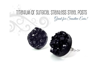 Black Druzy Earrings -  3 sizes - Black Crystal Glitter Studs Faux Drusy Post Earrings -  Titanium or Stainless Steel Studs