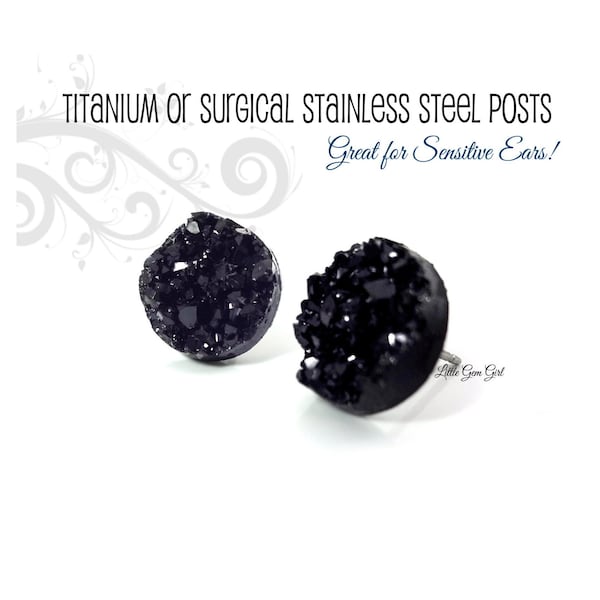 Black Druzy Earrings -  3 sizes - Black Crystal Glitter Studs Faux Drusy Post Earrings -  Titanium or Stainless Steel Studs