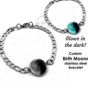 Roestvrijstalen aangepaste gloeiende maanfase-armband - 1 tot 4 geboortemaanbedels - Glow in the Dark maanfase sieraden cadeau voor mannen