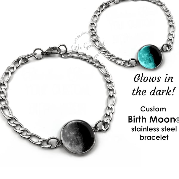 Custom Glowing Birth Moon Phase Bracelet – Glow in the Dark Lunar Jewelry with 1–4 Moon Charms – Personalized Moon Phase Gift for Men Women