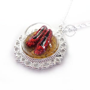 Ruby Red Slipper The Wonderful Wizard of Oz Necklace - Silver Victorian Oz Jewelry - Follow the Yellow Brick Road Glass Dome