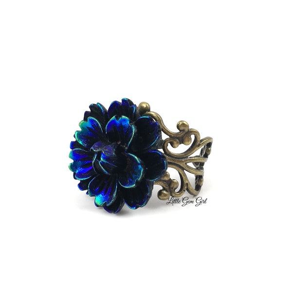 Blue Peony Flower Ring - Iridescent Peacock Flower Ring with AB effect - 6 Metal Finishes Adjustable Filigree Ring Bridal Jewelry