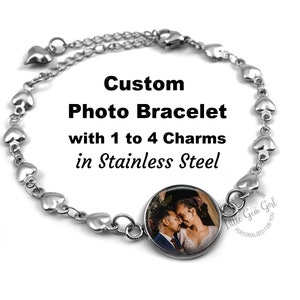 Handmade Custom Photo Stainless Steel Charm Bracelet with Heart Links - Personalized Picture or Handwriting Jewelry with 1 to 4 Charms
