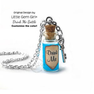 Handmade Drink Me Bottle Necklace -  Alice's Adventures in Wonderland Blue Shimmer Liquid with Key - Glow Option and Eat Me Vial Charm Avail