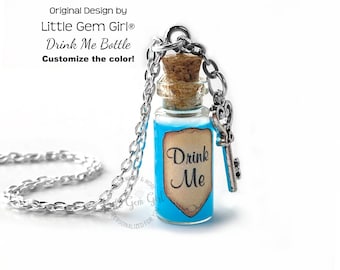 Handmade Drink Me Bottle Necklace -  Alice's Adventures in Wonderland Blue Shimmer Liquid with Key - Glow Option and Eat Me Vial Charm Avail