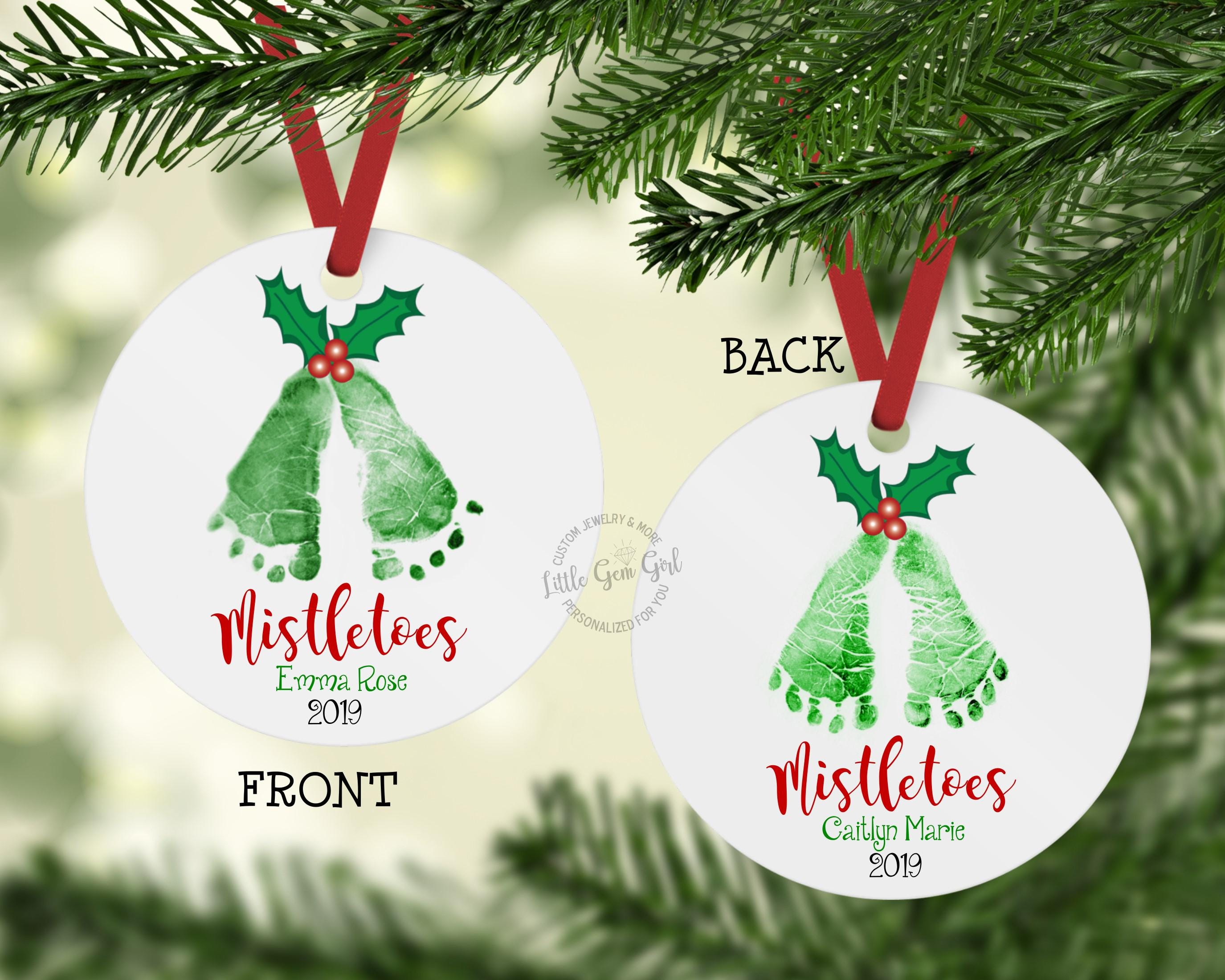 Personalized Baby Christmas Ornament with Actual Footprints - Double Sided for Twins or 2 Kids - Custom Mistletoes Name Date Ornament