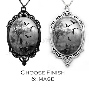 Gothic Cemetery Cameo Necklace - Victorian Cameo in Black or Silver - Grim Reaper Death Pendant Jewelry - Graveyard Bats Halloween Macbre