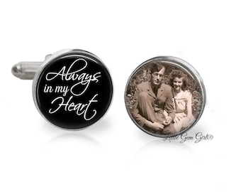 Memorial Photo Cuff Links - In Memory Custom Picture Cufflinks Always in my Heart - Wedding Gift for Groom- Sterling Silver and Stainless