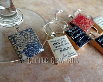 Set of 6 Jane Austen Wine Charms - Jane Austen Book Charms - Austen Quotes Pride and Prejudice Mr Darcy Wood Tile Pendant Charms