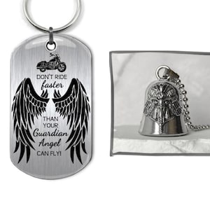 Nouveau cadeau pour motard - Collier ou porte-clés double face pour motard prière et grelot - Breloque ange gardien