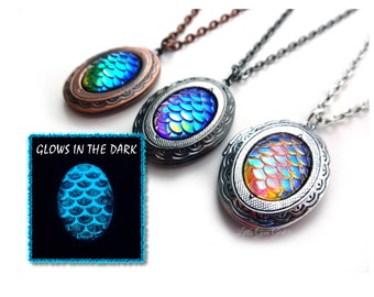 Glowing Dragon Egg Locket - Glow in the Dark Dragon Egg Necklace - Dragon Scale Necklace Charm - Glowing Mermaid Scale Necklace 18" chain