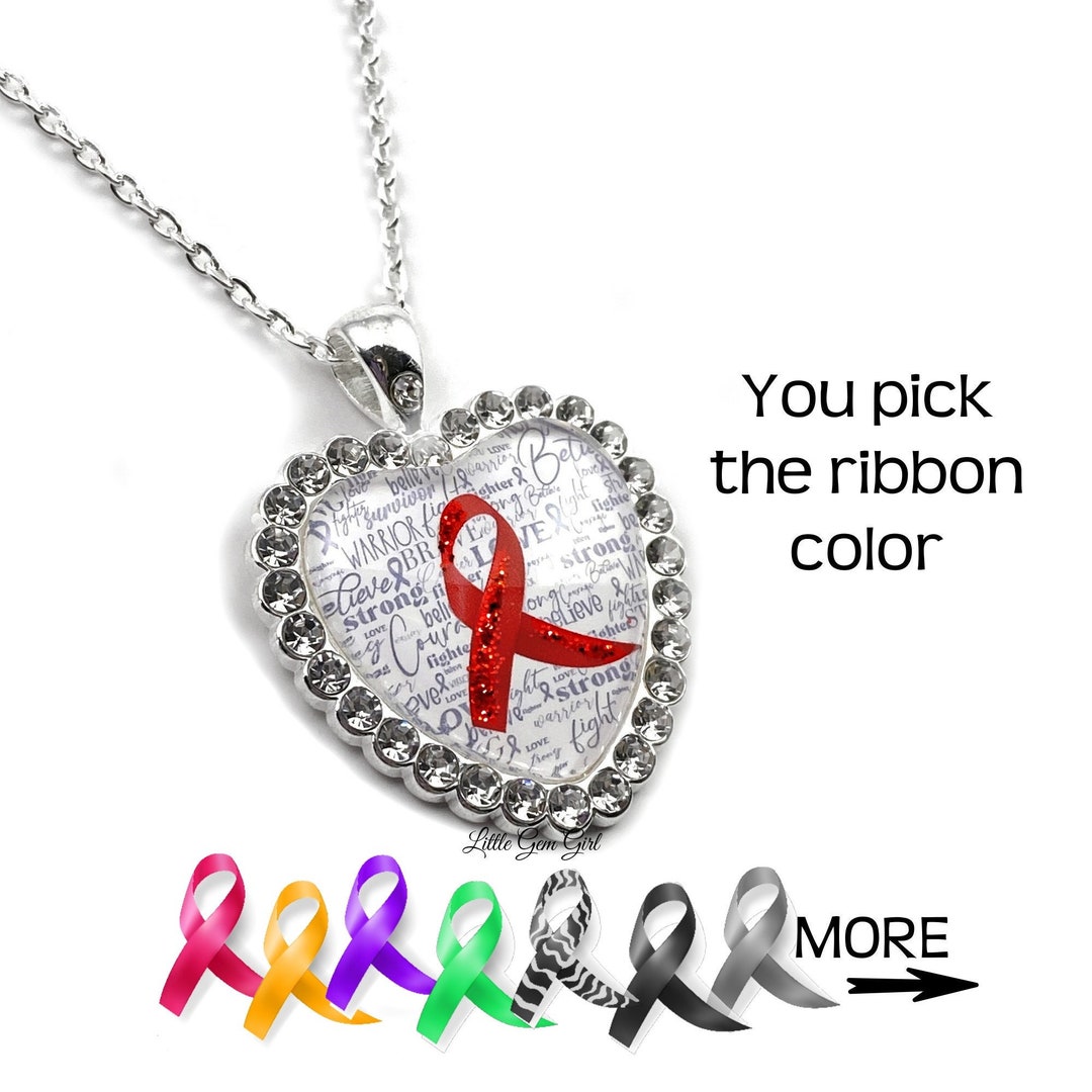 Custom Glittered Awareness Ribbon Necklace Rhinestone Heart Silver or ...