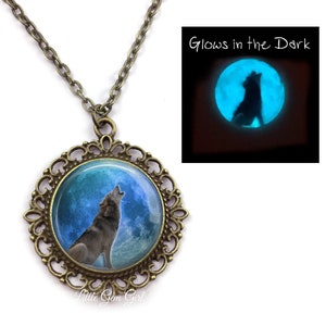 Glowing Wolf Necklace - Glow in the Dark Blue Moon Necklace - Wolf Lover Jewelry in Bronze or Silver -  Howling Wolf Jewelry