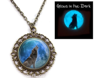 Glowing Wolf Necklace - Glow in the Dark Blue Moon Necklace - Wolf Lover Jewelry in Bronze or Silver -  Howling Wolf Jewelry