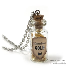 Leprechaun Gold Glass Bottle Necklace - Pot of Gold Mini Vial Charm Jewelry - St Patrick&#39;s Day Charm Necklace Handmade by Little Gem Girl