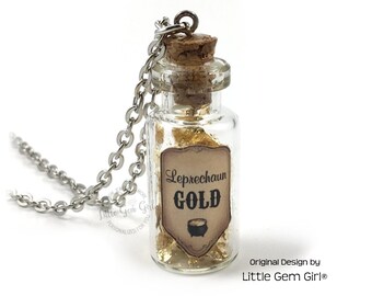 Leprechaun Gold Glass Bottle Necklace - Pot of Gold Mini Vial Charm Jewelry - St Patrick's Day Charm Necklace Handmade Gift