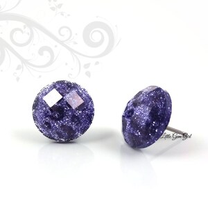 May include: A pair of purple glitter stud earrings. The earrings are round and have a faceted design. The glitter is a fine, sparkly texture.