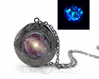 Glow in the Dark Spiral Galaxy Locket Necklace, Round 32mm, 4 Metal Finishes, Inside Holds 2 Photos