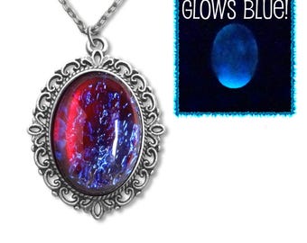 Glow in the Dark Dragon’s Breath Necklace – Czech Glass Mexican Opal Pendant – Color Shifting Red Blue Dragon Fire Amulet