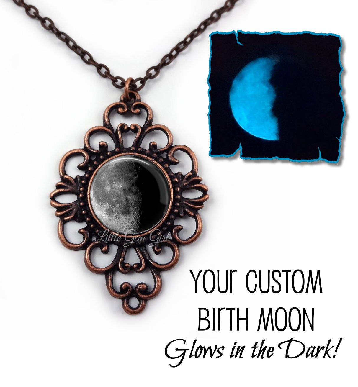 Glow in the Dark Custom Birth Moon Necklace - Personalized Glowing Moon ...