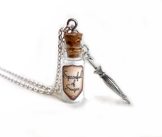 Spoonful of Sugar Bottle Necklace - Mary Mini Glass Bottle Vial Cork Necklace - Potion Vial Charm - Magic Spells Nanny Charm - Nanny Gift