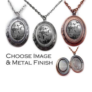 Gothic Halloween Locket in Silver, Gunmetal or Antique Copper - Grim Reaper and Bats in the Cemetery - Small Oval Metal Locket
