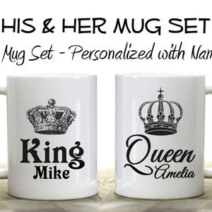 Two 15 oz Mugs - Personalized King Queen Coffee Mug Set with Custom Name - His and Her Coffee Cups - Mr. and Mrs. Gifts for Couple