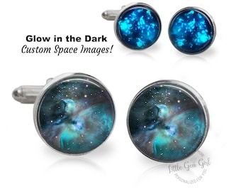 Glow in the Dark Galaxy Cuff Links - Choose 23 Glowing Nebula Space Images - Sterling Silver or Stainless Steel, Groom Gifts