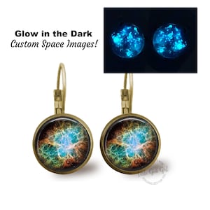 Glow in the Dark Galaxy Earrings - Leverback Dangle Space Earrings - 24 Glowing Galaxies - Stainless Steel Option