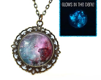 Custom Glowing Galaxy Necklace Glow in the Dark Star Necklace - Glow in the Dark Space Necklace Charm  - 23 Images Available