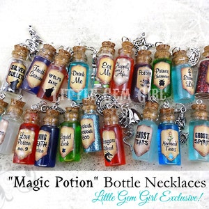 May include: A collection of 18 small glass bottles with cork stoppers and silver chains. Each bottle contains a different colored liquid or glitter and has a label with a whimsical potion name, such as "Truth Serum", "Wolf's Bane", "Drink Me", "Poison", "Prince Charming", "Eternal Life", "Ghostly Spirits", and "Mermaid Tears".
