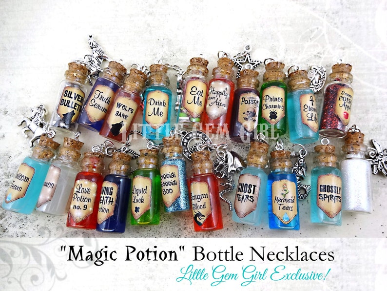 May include: A collection of 18 small glass bottles with cork stoppers and silver chains. Each bottle contains a different colored liquid or glitter and has a label with a whimsical potion name, such as "Truth Serum", "Wolf's Bane", "Drink Me", "Poison", "Prince Charming", "Eternal Life", "Ghostly Spirits", and "Mermaid Tears".
