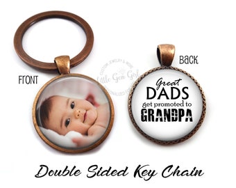 Custom Great Dads Get Promoted to Grandpa Key Chain - Personalized Double Sided Photo Keychain Fathers Day Gift Pregnancy Birth Announcement