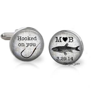 Fishing Cuff Links -  Hooked On You Personalized Name and Date Cufflinks - Custom Fisherman Wedding Anniversary - Sterling or Stainless