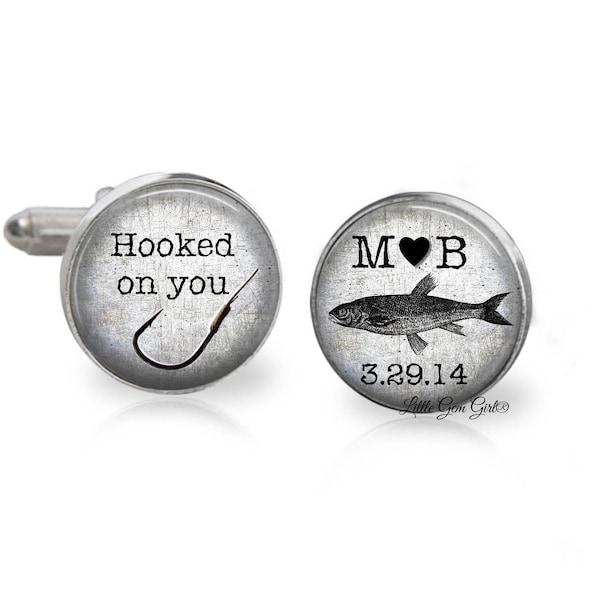 Fishing Cuff Links -  Hooked On You Personalized Name and Date Cufflinks - Custom Fisherman Wedding Anniversary - Sterling or Stainless